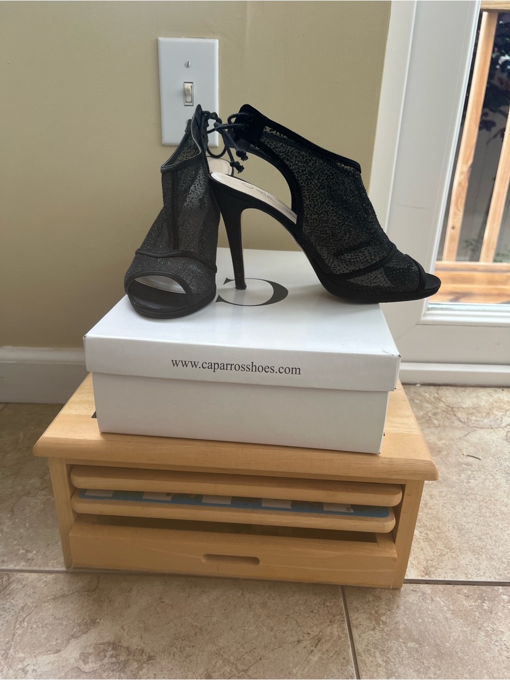 Caparros Black Sparkle Mesh Peep-Toe High Heel Shoes